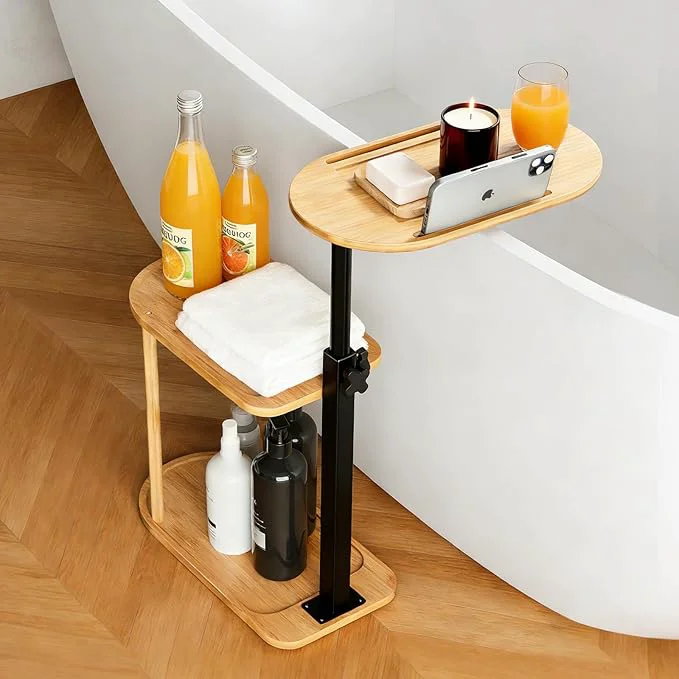 Luxury 3-Tier standing Bathtub Tray Table Adjustable Bamboo Bath Caddy Long-Lasting