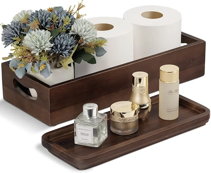 Secure Handmade Toilet Tank Basket Topper Vanity Tray Set of Natural Acacia Wood by