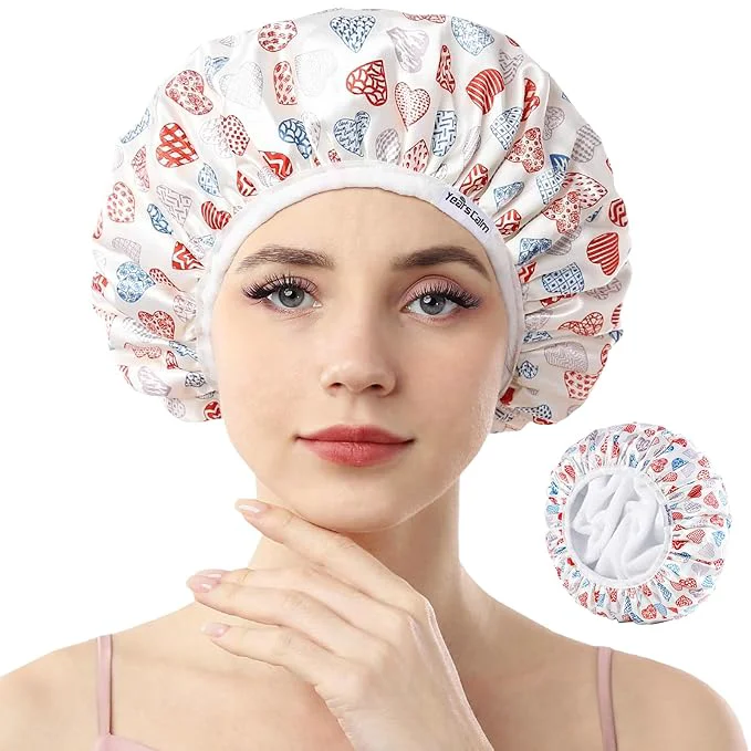Excellent Years calm Terry Lined Shower Cap Triple Layer Heart Motifs Waterproof Consistent