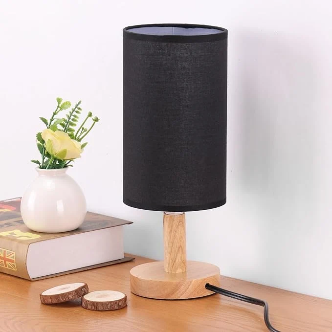 Premium Black Small Bedside Table Lamp for Bedroom Natural Round Wood Base Fabric Efficient