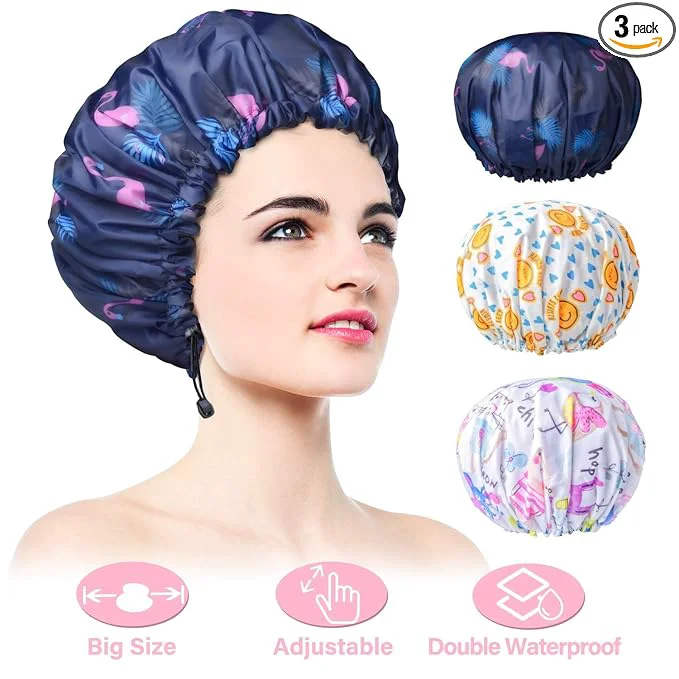 High-Quality 3 Pack Extra Large Double Layer Adjustable Shower Caps Secure