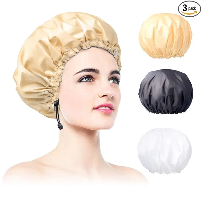 Natural 3 Pack Extra Large Double Layer Adjustable Shower Caps Outstanding