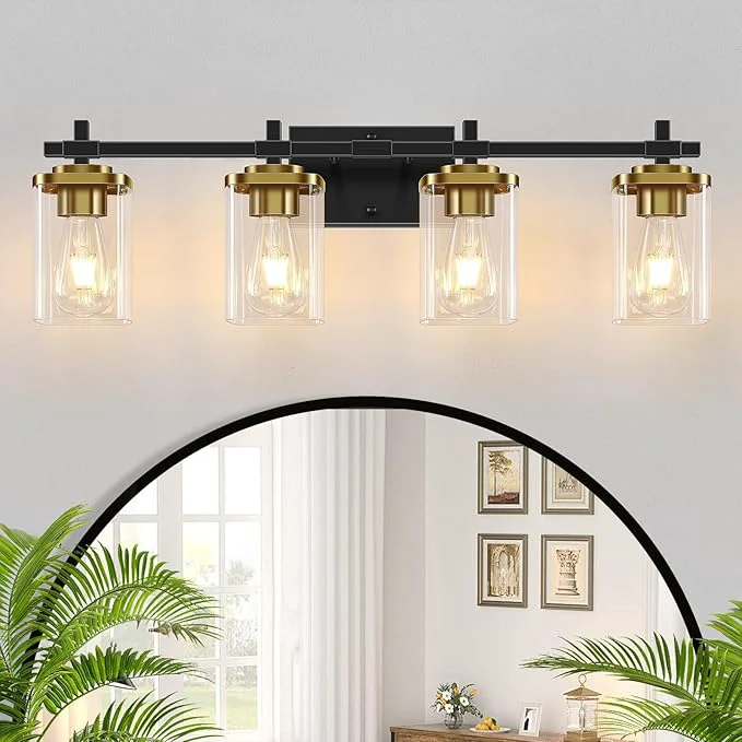 Refined 4-Lights Black and Gold Bathroom Vanity Light Modern Bathroom Wall Sconces Official