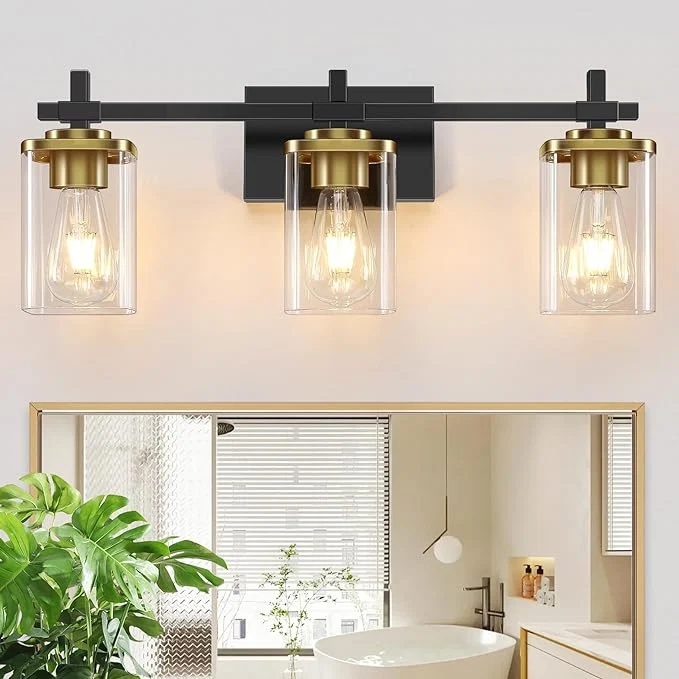 Consistent 3-Lights Black and Gold Bathroom Light Fixtures Over Mirror Modern Brushed Official