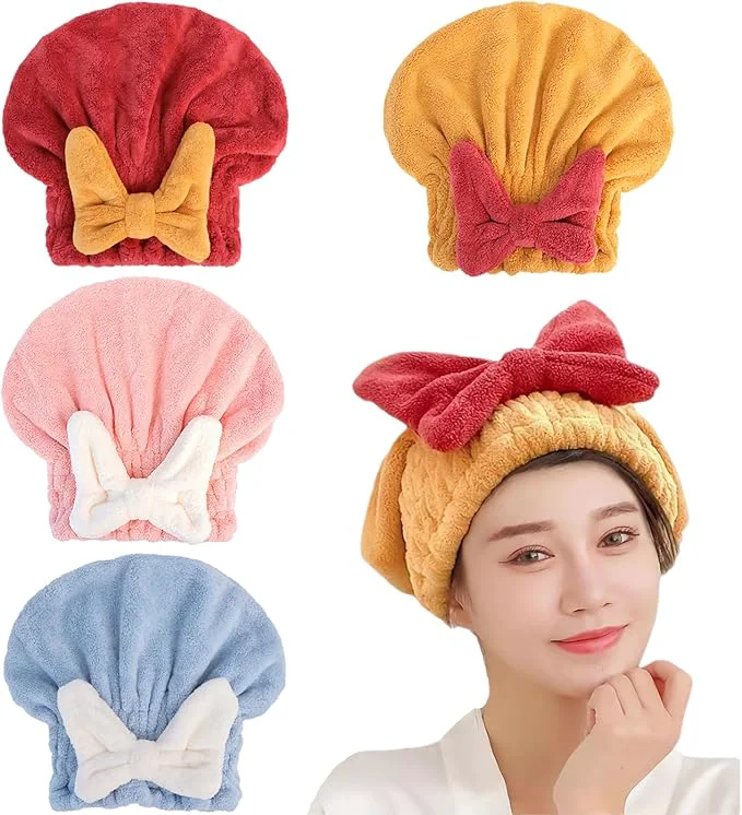 Sustainable 4Pcs Microfiber Hair Drying Cap Ultra Absorbent Hair Towel Wrap Turban Smooth