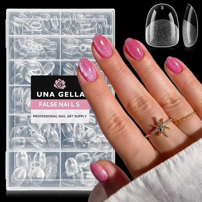 Classic UNA GELLA Extra Short Oval Nail Tips Pre-Etched Round Clear Fake Nails 216pcs Professional