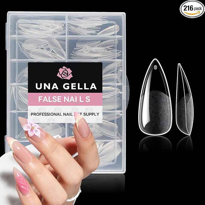 Organic UNA GELLA Medium Stiletto Gel Nail Tips Full Cover 216Pcs Almond Shape Nails Fine