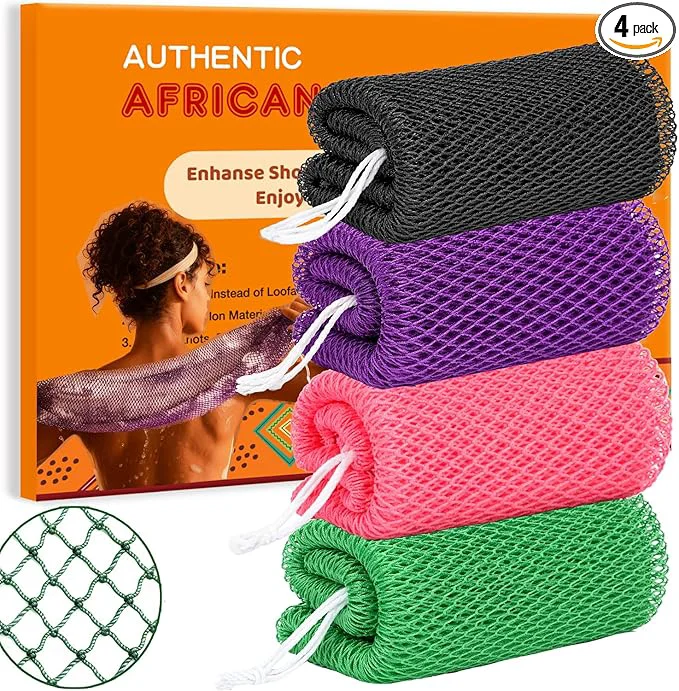 Verified African Net Sponge 4 Pieces African Exfoliating Net Sponge Body Back Safe