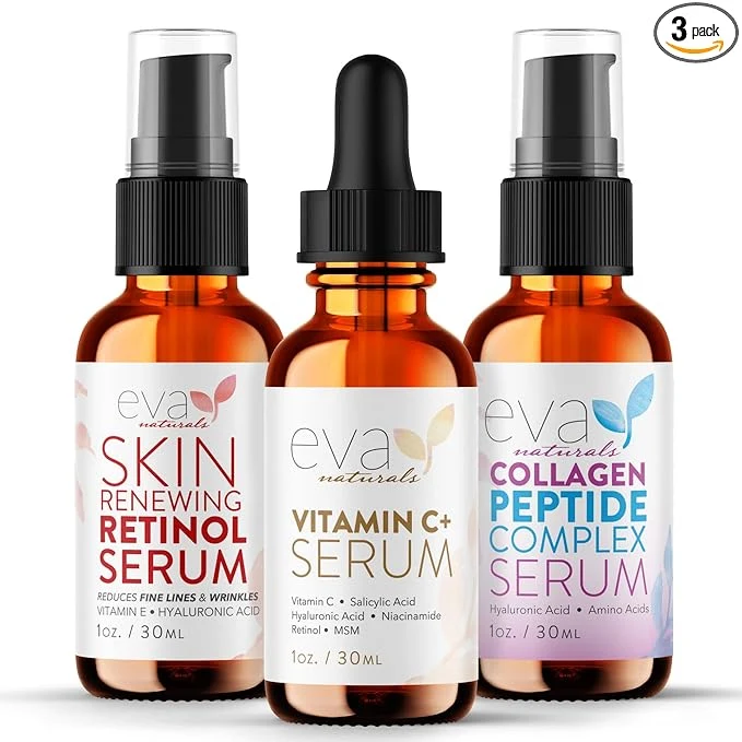Reusable Eva Naturals Trifecta Face Serum Set – Retinol Vitamin C Peptides Easy-to-Use