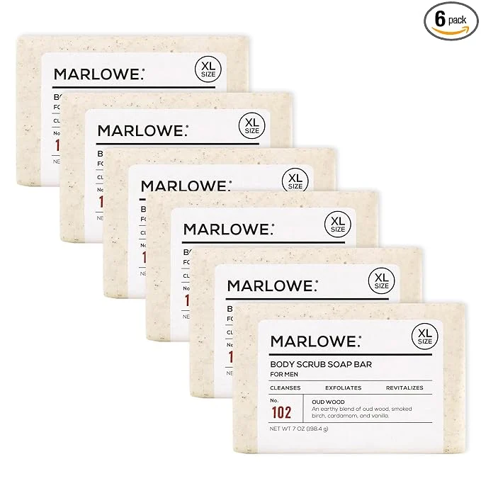 Fine Crafted MARLOWE. No. 102 Body Scrub Soap 7 oz Oud Wood Exfoliating Soap Bar Long-Lasting