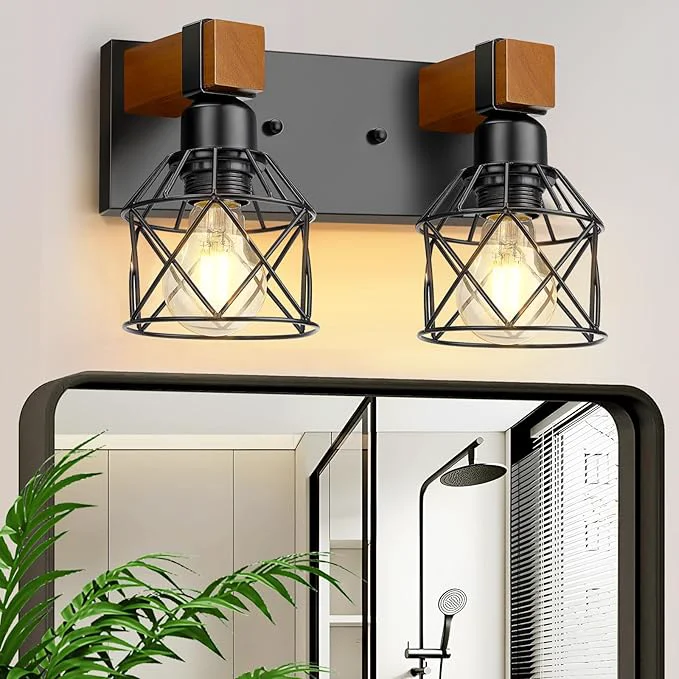 Contemporary 2-Light Farmhouse Bathroom Light Fixtures Over Mirror Rustic Wood Vanity Lights Minimalist