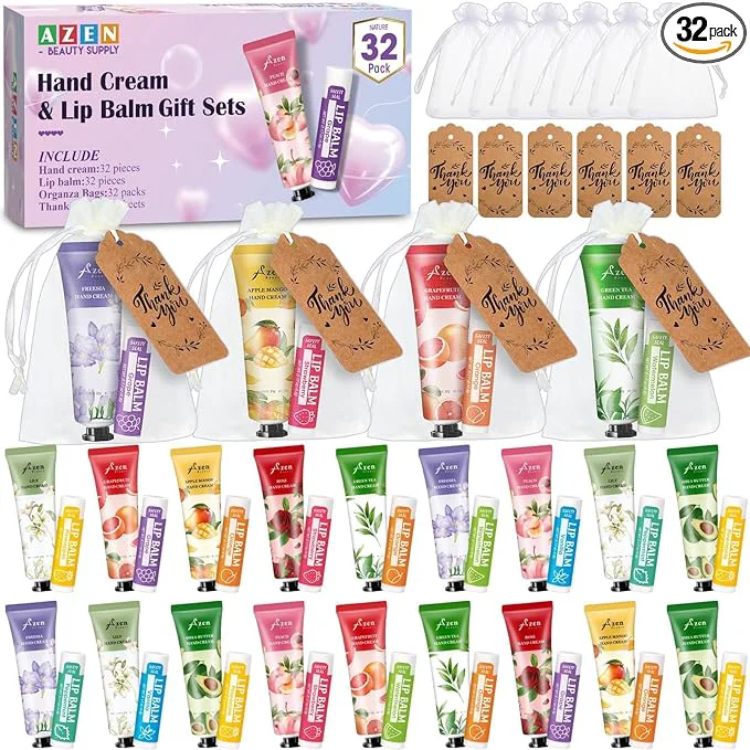 First-Class AZEN 32 Sets Bulk Gifts Hand Cream and Lip Balm Bulk Set Stylish