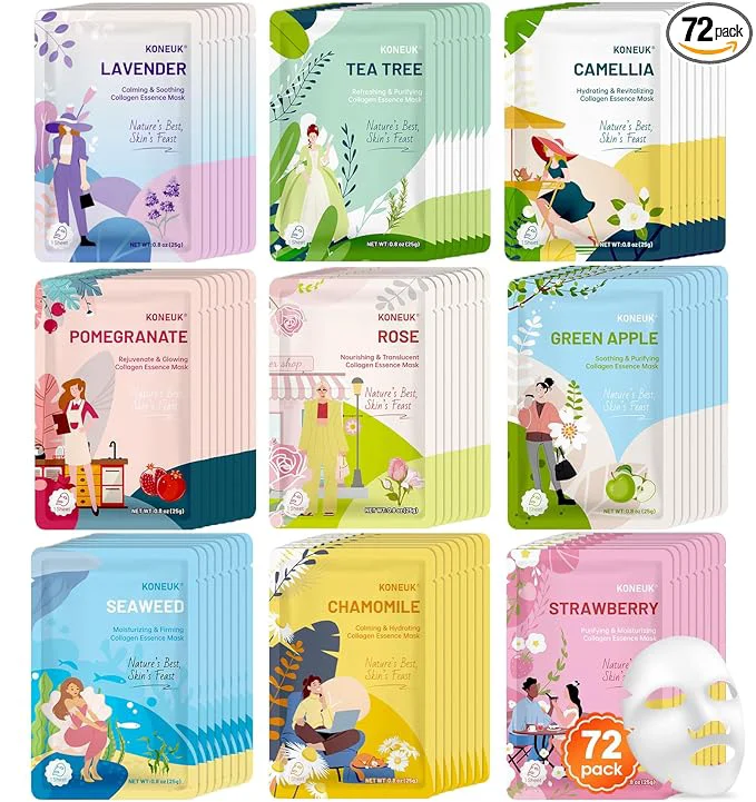 Excellent KONEUK 72 Pack Bulk Hydrating Face Masks Skincare Collagen Sheet Face Mask Fast