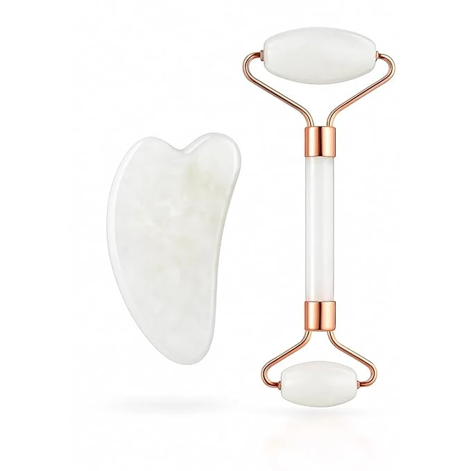 Refined White Jade Roller Gua Sha Facial Tools Set – Natural White Stone Face Roller Environmentally Friendly