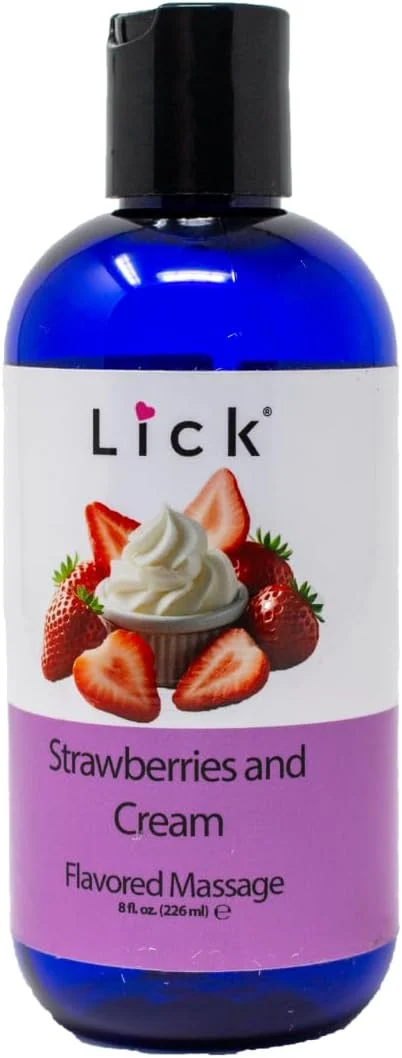 Traditional Lick Strawberries and Cream Flavored Massage Oil – 8 oz Edible Body Oil Secure