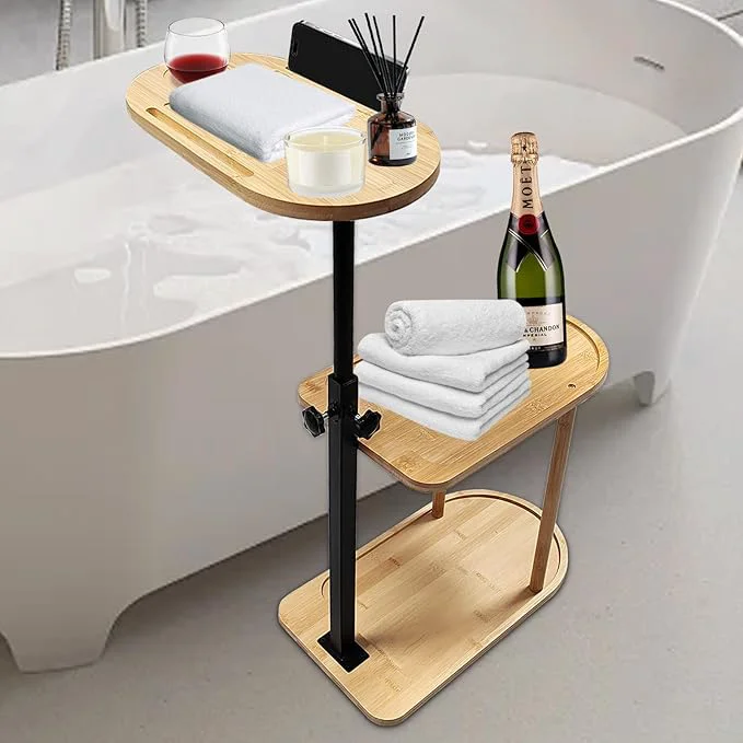 Certified 3 Layer Bath Tub Tray Table Liftable standing Bamboo Bath Tray Caddy Modern