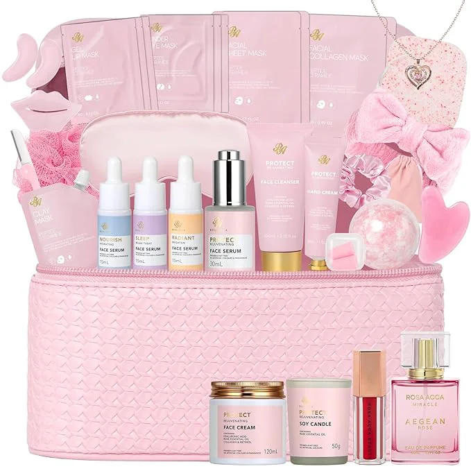 Original 33 Pcs Mother’s Day Gift for Mom Rose Facial Skin Care Set Bath Body Spa Organic