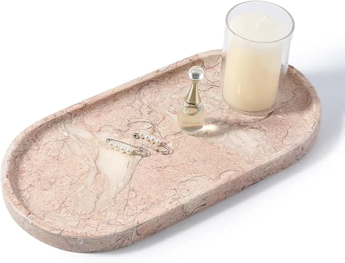 Advanced Koville Pink Marble Tray for Bathroom Countertop Vanity Tray Stone Trays for Authentic