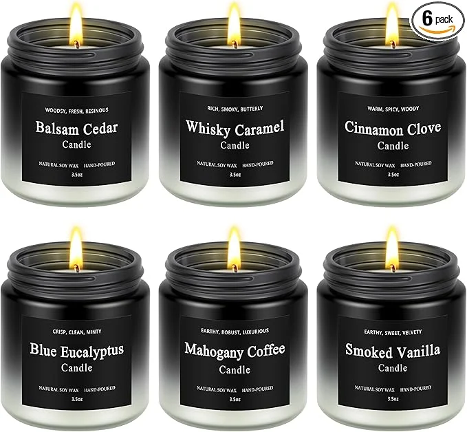 Convenient 6 Pack Men Candles for Home Scented Soy Wax 200 Hour Long Lasting Candle Organic