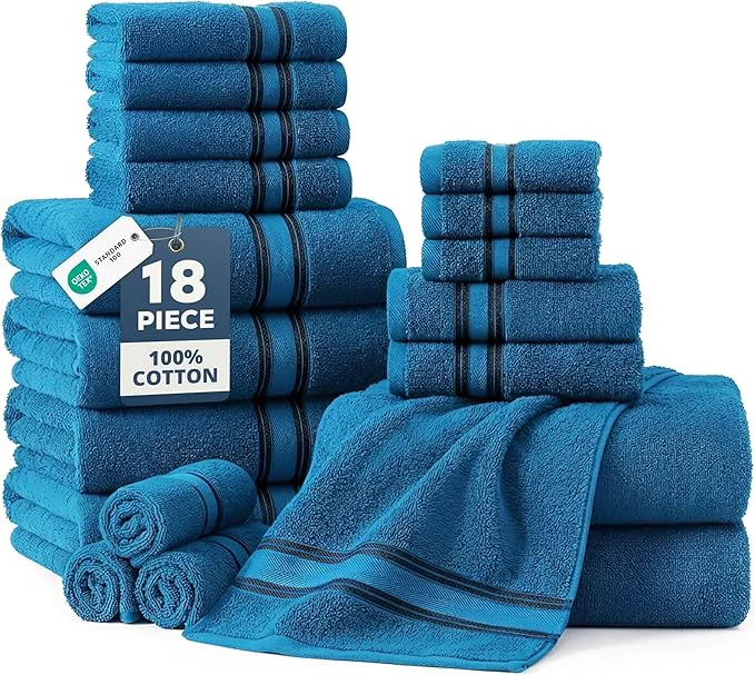 Genuine LANE LINEN 18Pc Cotton Bath Towels – 6 Bath 6 Hand Towel 6 Washcloths Smart