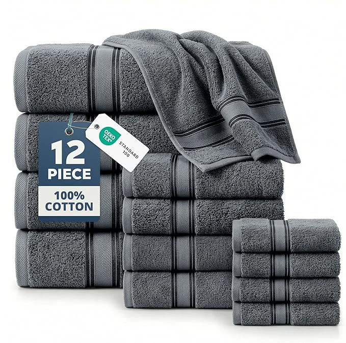 Sustainable LANE LINEN Towel and Washcloths Set of 12 – Cotton Zero Twist 4 Large Modern