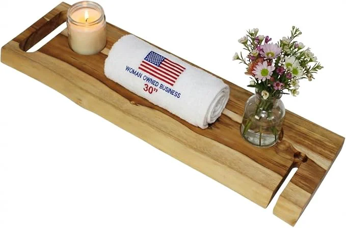 Trendy EcoDecors Eleganto 30 Live Edge Solid Teak Bath Caddy Tray Eco-Friendly
