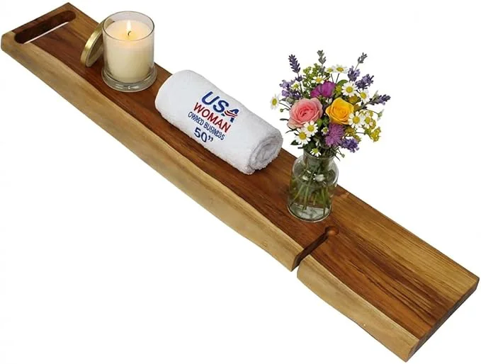 Eco-Friendly EcoDecors Eleganto 50 Live Edge Solid Teak Bath Caddy Tray Stylish
