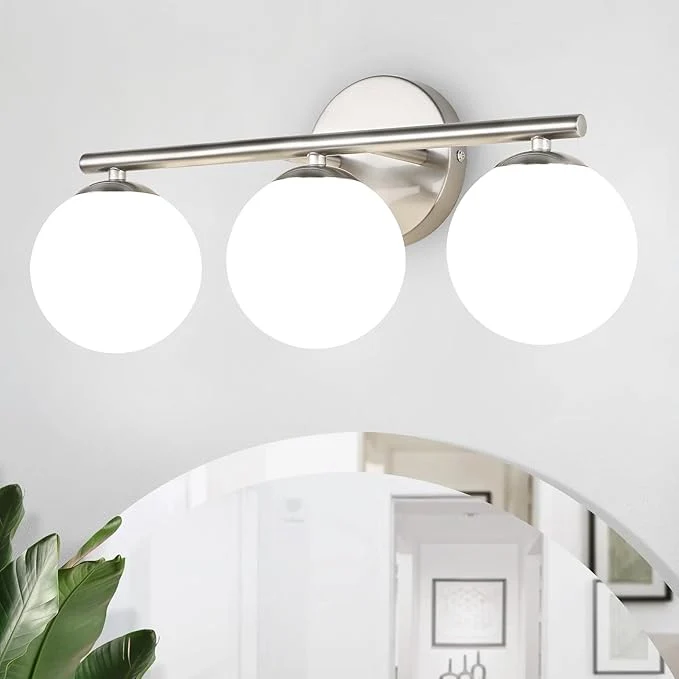 Soft Brushed Nickel Bathroom Light Fixtures 3-Light Globe Vanity Light Stylish