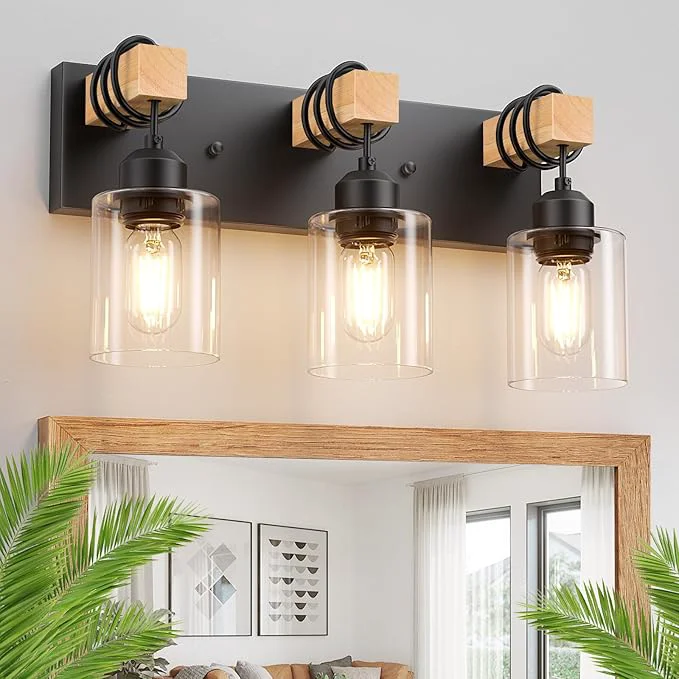 Reliable Licperron Farmhouse 3-Lights Wood Bathroom Vanity Light Rustic Black Bathroom Easy-to-Use