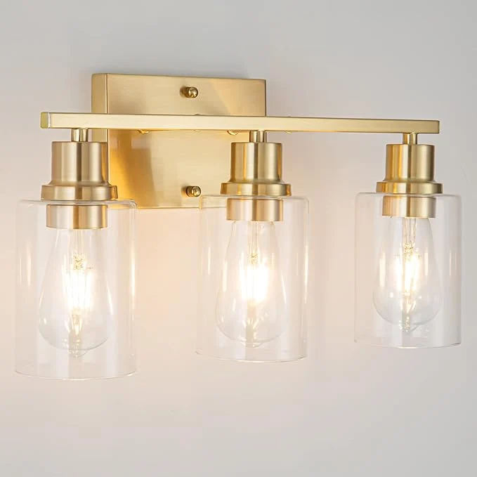 Pure 3-Lights Gold Bathroom Light Fixture Brushed Brass Vanity Light Clean
