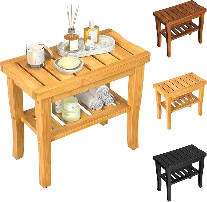 Smooth Bamboo Shower Bench Stool with Storage Shelf Waterproof Shower Chair Spa Bath Selected