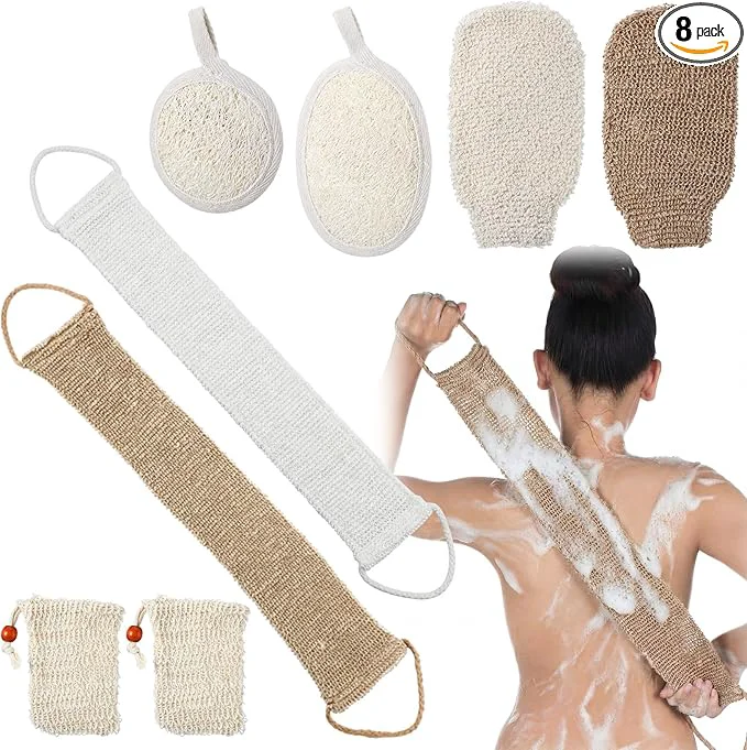 Refined Geelin 8 Pack Natural Loofah Exfoliating Body Scrubber Set Shower Bath Glove Classic