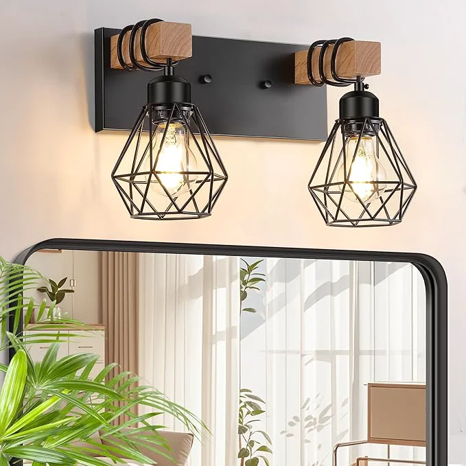 Minimalist FadimiKoo 2-Light Rustic Style Wood Bathroom Wall Sconce Farmhouse Vanity Modern
