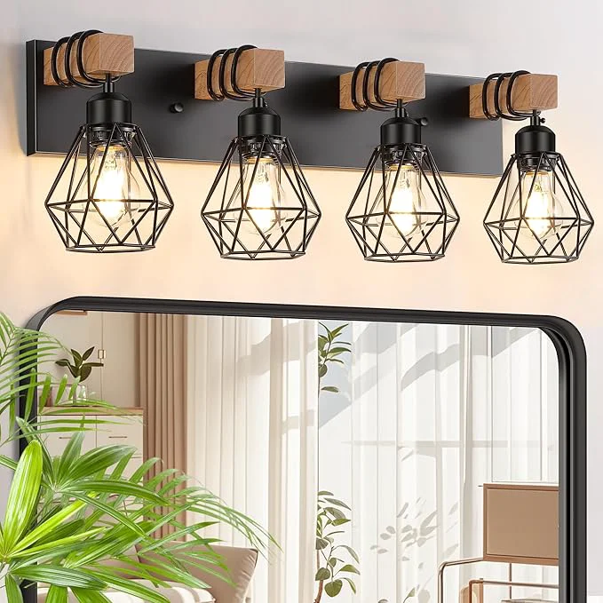Elegant FadimiKoo 4-Light Farmhouse Bathroom Light Fixtures Over Mirror Rustic Wood Contemporary