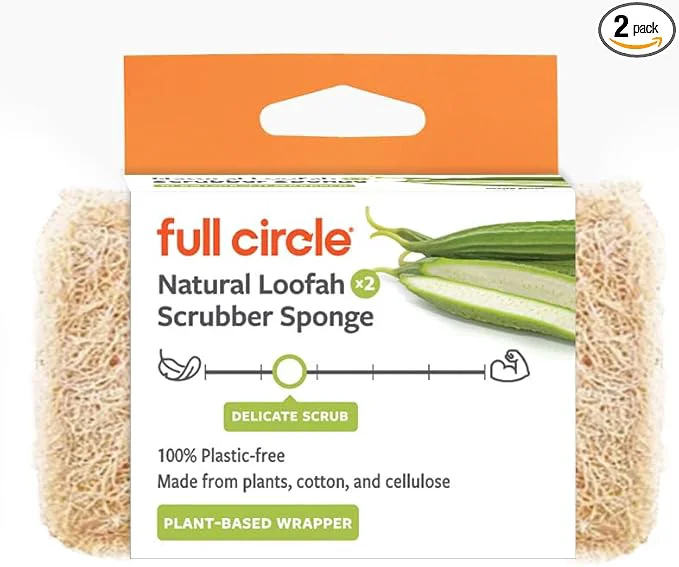 User-Friendly Full Circle Plant-Based Loofah Sponges – Pack of 2 – Plastic- Natural