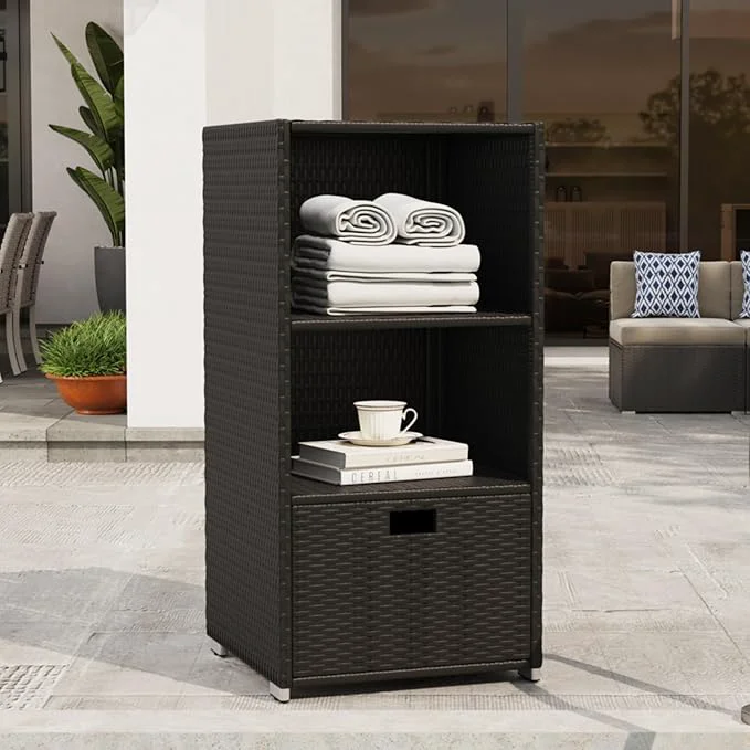 Casual Outdoor Pool Towel Rack Cabinet Rattan Wicker Pool Storage Bins Storage Solid