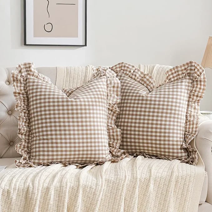 Exclusive 2 Pack Taupe Brown Plaid Ruffle Throw Pillow Covers Farmhouse Checkered Chic Genuine