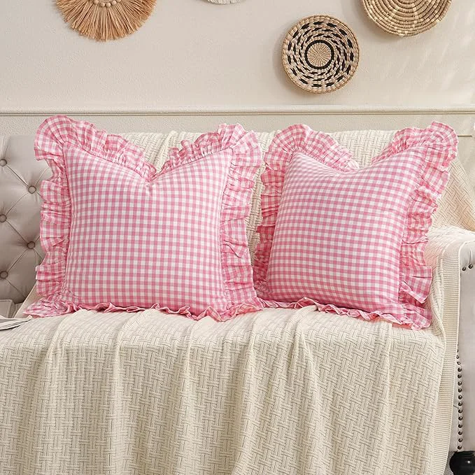 Recyclable 2 Pack Pink White Plaid Ruffled Checkered Throw Pillow Cover 20 x20 inches Functional