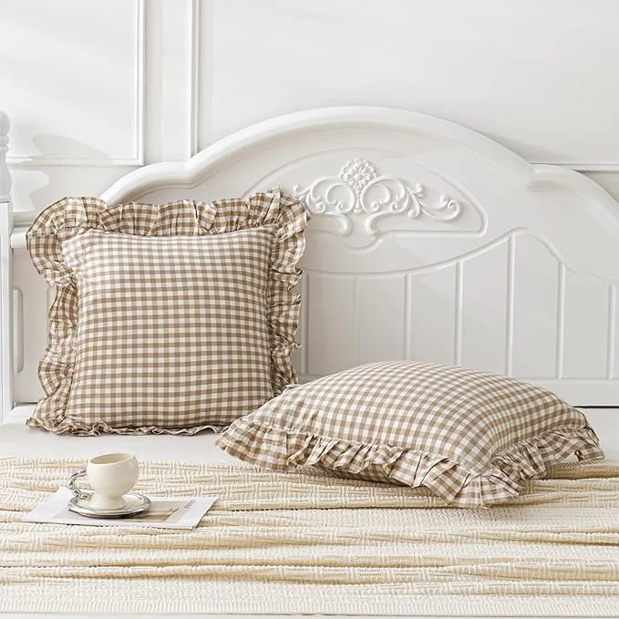Selected Taupe White Plaid Euro Pillow Shams Ruffle Pillowcases Set of 2 Shabby Safe