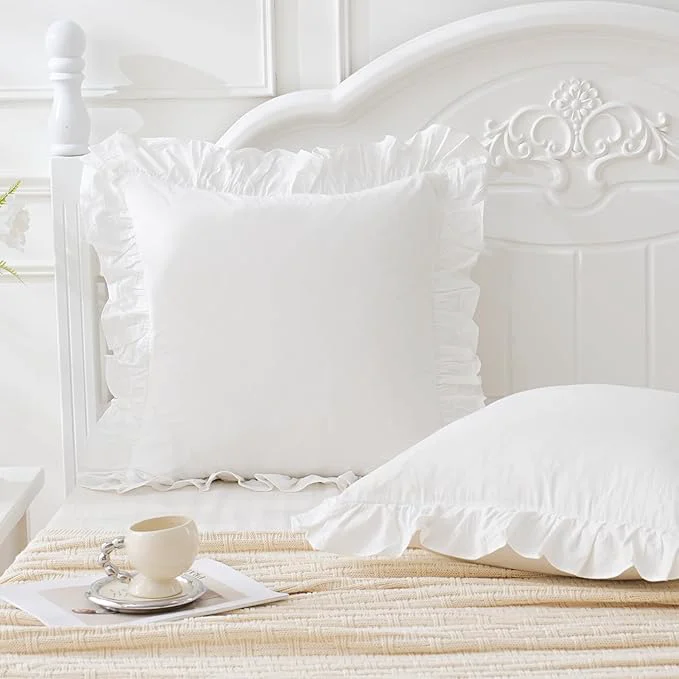 Advanced Vintage Off White Ruffle Euro Shams Shabby Farmhouse Pillow Cover Washed Certified