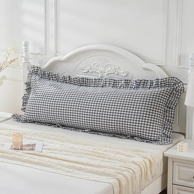 Functional Grey White Plaid Ruffled Checkered Body Pillow Sham 20×54 inches 1 Piece Smart
