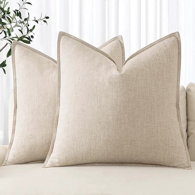 Authentic MIULEE Decorative Linen Euro Sham Pillow Covers 22×22 Inch Natural Beige Boho Contemporary