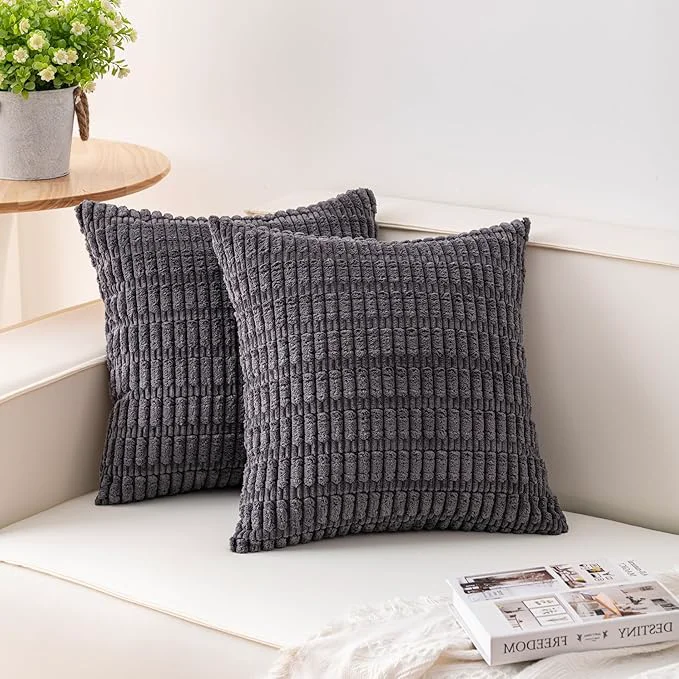 Traditional Aegero Pack of 2 Corduroy Decorative Throw Pillow Covers 20×20 InchSoft Striped Artisan