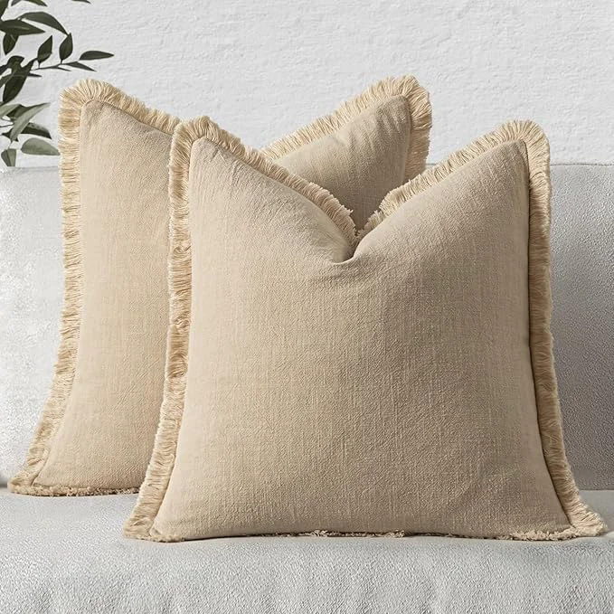 Certified MIULEE Decorative Throw Pillow Covers Neutral Linen Fringe Throw Pillows Set of Reusable
