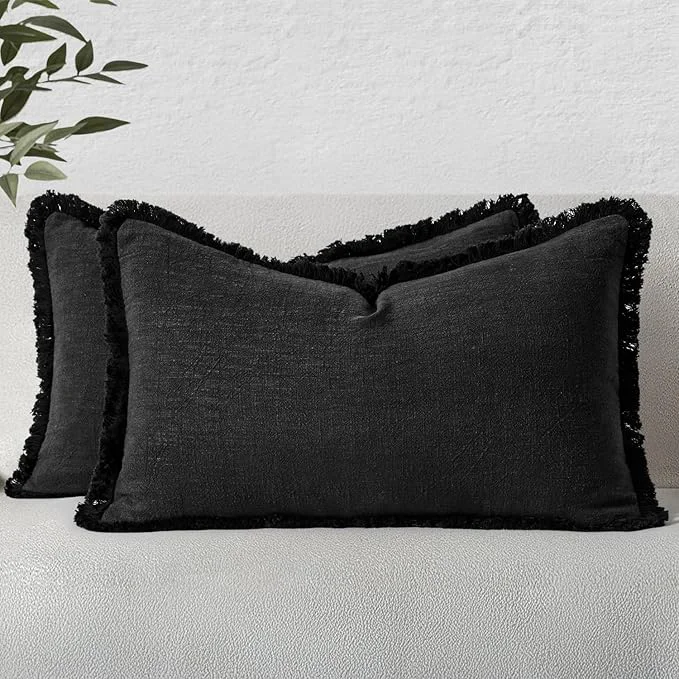 Comfortable MIULEE Decorative Lumbar Throw Pillow Covers Neutral Linen Fringe Throw Pillows Safe