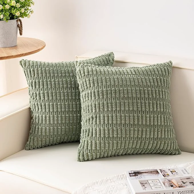 Quality Aegero Pack of 2 Corduroy Decorative Throw Pillow Covers 24×24 InchSoft Striped Safe