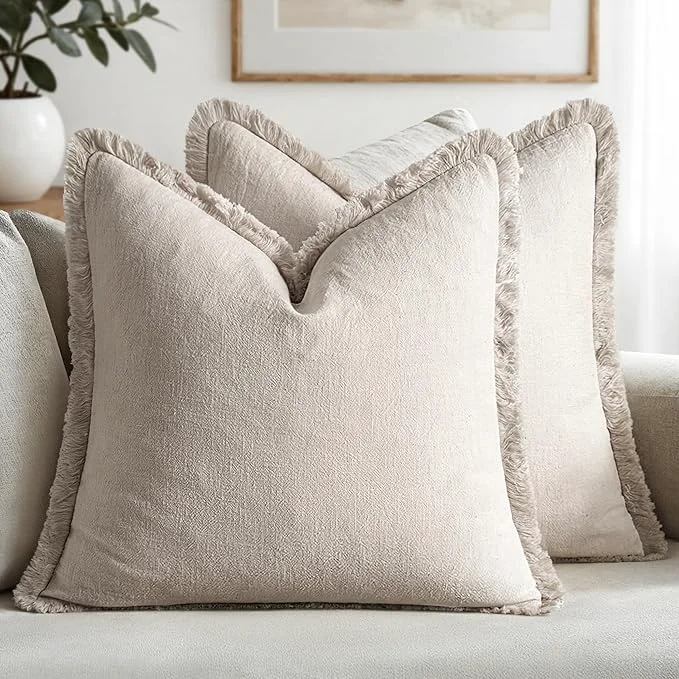 Genuine MIULEE Decorative Throw Pillow Covers Neutral Linen Fringe Throw Pillows Set of Lightweight