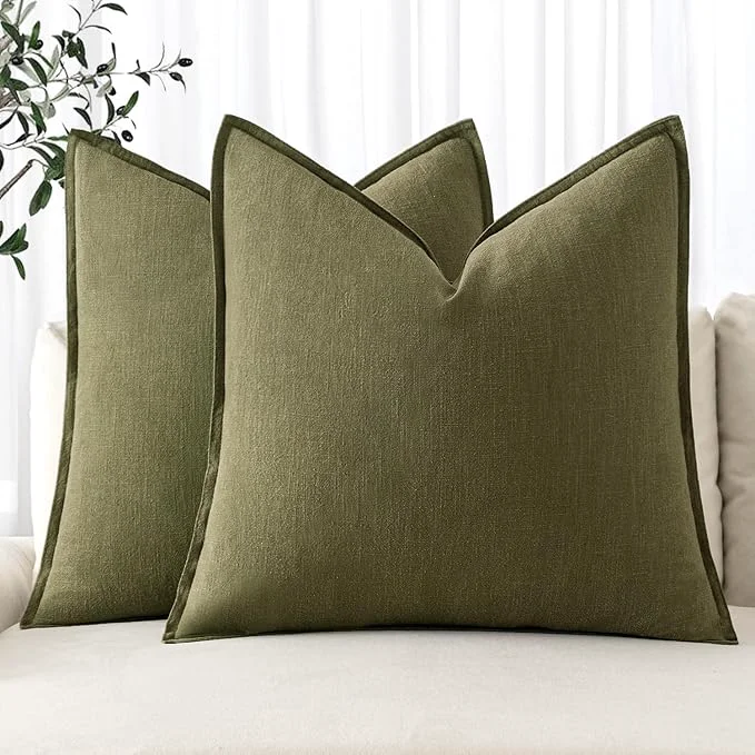 Premium MIULEE Decorative Linen Pillow Covers 18×18 Inch Green Boho Farmhouse Official