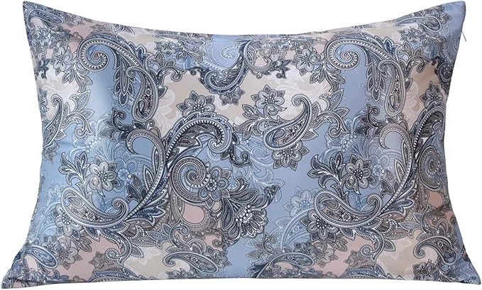 Expertly Made MANSPHIL Blue Grey Paisley Silk Pillowcase Floral Queen Size Vintage Elegant