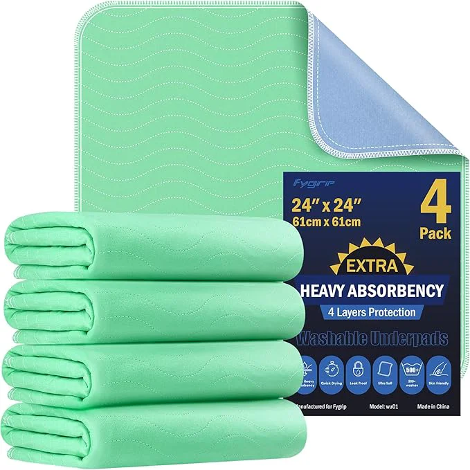 High-End 4 Pack 24 x 24 Extra Heavy Absorbency Washable Underpads Waterproof Nursing Proven